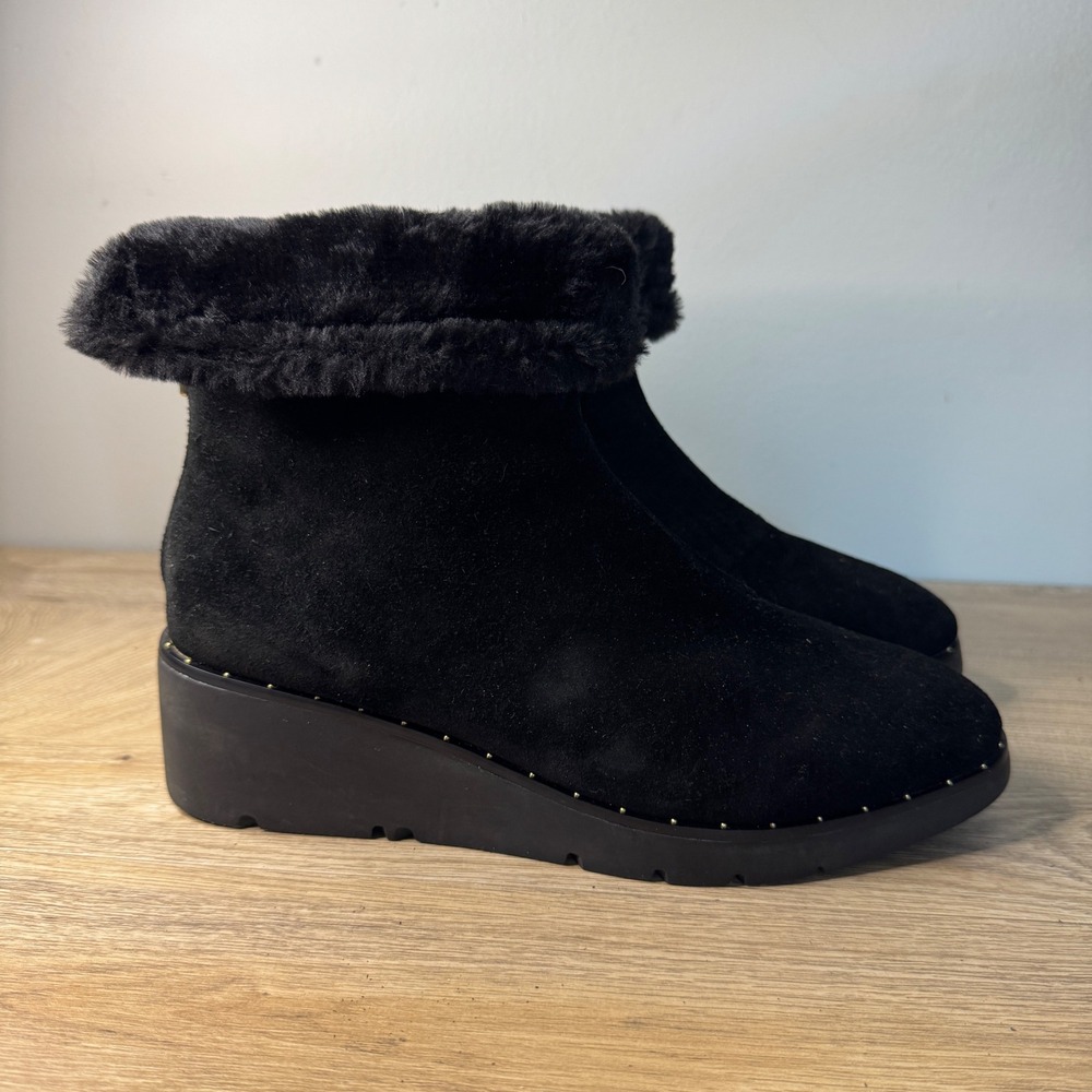 Steven Ankle Boots Bingo Natural Comfort Black‎ Suede Wedge 8.5W Fur Trim Zip
